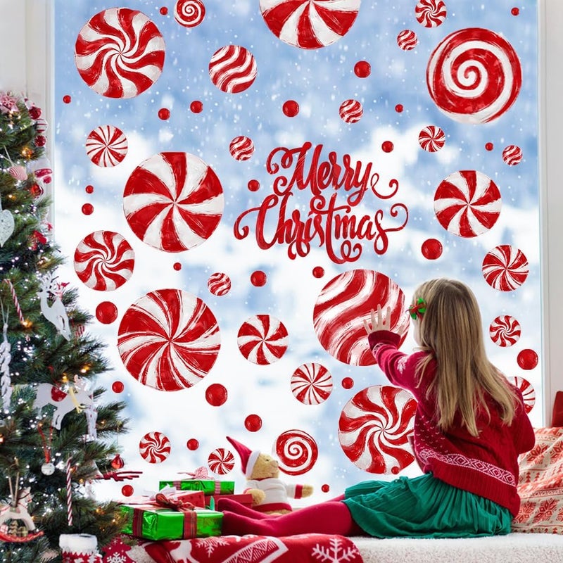 DULEFUN 8 Sheets Christmas Window Clings, Candy Window‘s Decals Oil Painting Christmas Red Candy Stickers for Xmas Home Office School Decor Winter Glass Window Decoration - Image 5